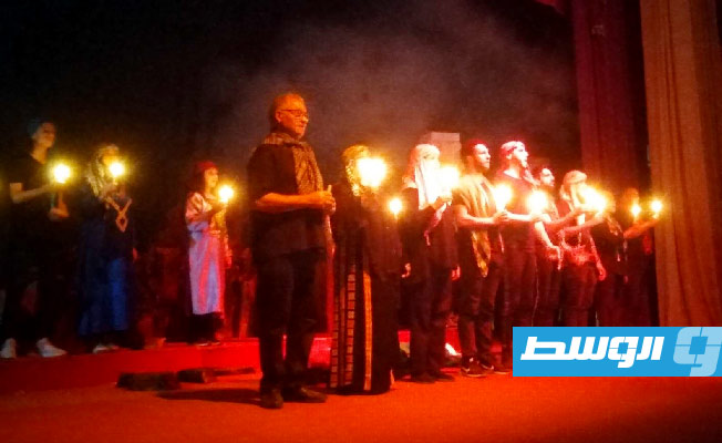 جانب من مسرحية «هنا غزة.. هنا العزة» في مسرح الكشاف بطرابلس، في 11 نوفمبر 2023. (بوابة الوسط)