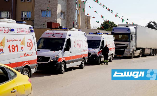 سيارات إسعاف تابعة لحكومة الوحدة الوطنية في طريقها لمدينة المرج، 19 فبراير 2023. (وزارة الحكم المحلي)