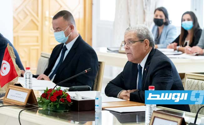 الوفد الوزاري الليبي الذي يضم وزيرا الداخلية والخارجية في تونس، 26 أغسطس 2021. (الناطق باسم حكومة الوحدة)