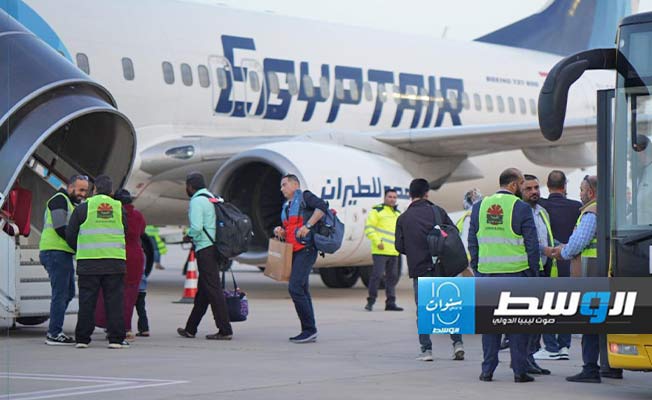من مراسم استقبال أولى رحلات «مصر للطيران» بمطار مصراتة، 29 فبراير 2024. (مطار مصراتة)