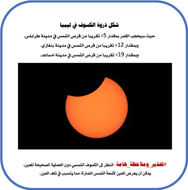 المركز الليبي للاستشعار عن بعد وعلوم الفضاء يحذر من رؤية كسوف الشمس بشكل مباشر (فيسبوك)