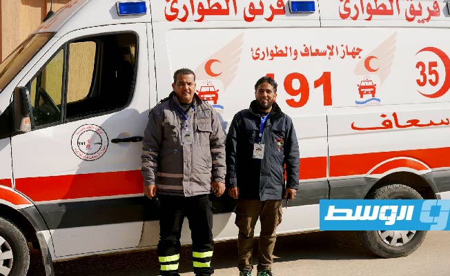 سيارات إسعاف تابعة لحكومة الوحدة الوطنية في طريقها لمدينة المرج، 19 فبراير 2023. (وزارة الحكم المحلي)