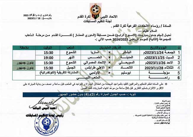 جدول مباريات الأسبوع الرابع من منافسات المجموعة الثانية لمسابقة الدوري الليبي الممتاز. (صفحة لجنة تنظيم المسابقات بالاتحاد الليبي لكرة القدم)