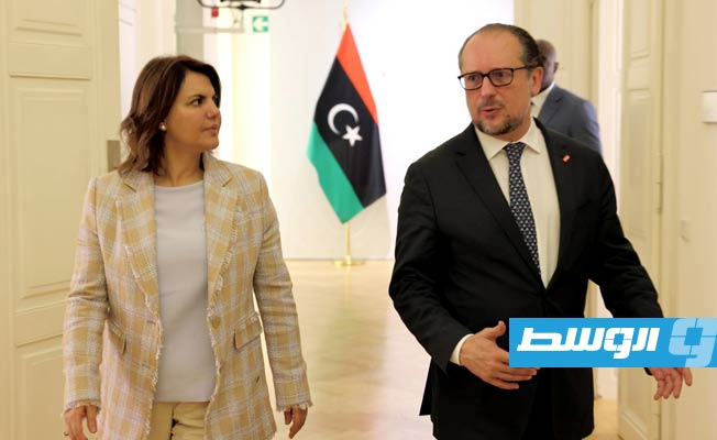 لقاء المنقوش مع وزير خارجية النمساء في فيينا، الخميس 23 يونيو 2022. (الخارجية الليبية)