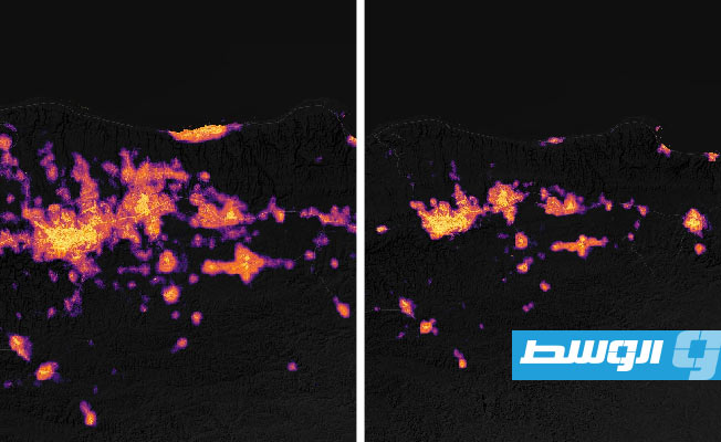صورتان نشرتهما «ناسا» تظهران الفقد الكهربائي بالجبل الأخضر بعد العاصفة «دانيال»، 30 سبتمبر 2023. (المركز الليبي للاستشعار عن بعد وعلوم الفضاء)