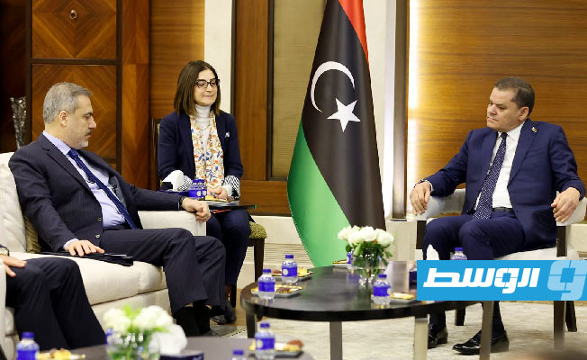 لقاء الدبيبة ووزير الخارجية التركي هاكان فيدان والوفد المرافق له في طرابلس، الأربعاء 7 فبراير 2024. (حكومتنا)