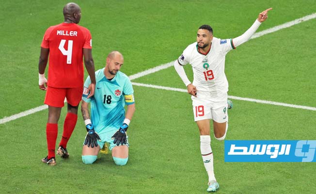 فرحة لاعب المنتخب المغربي يوسف النصيري بالهدف الثاني في شباك منتخب كندا بكأس العالم، 1 ديسمبر 2022. (الإنترنت)