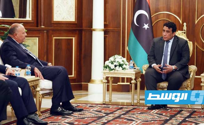 لقاء المنفي مع وزير الخارجية المصري في طرابلس، الخميس 21 أكتوبر 2021. (المجلس الرئاسي)
