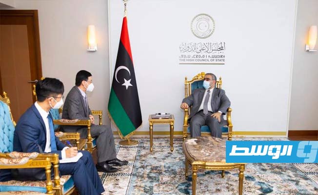 لقاء المشري والسفير الصيني في طرابلس، الثلاثاء 19 أكتوبر 2021. (المجلس الأعلى للدولة)