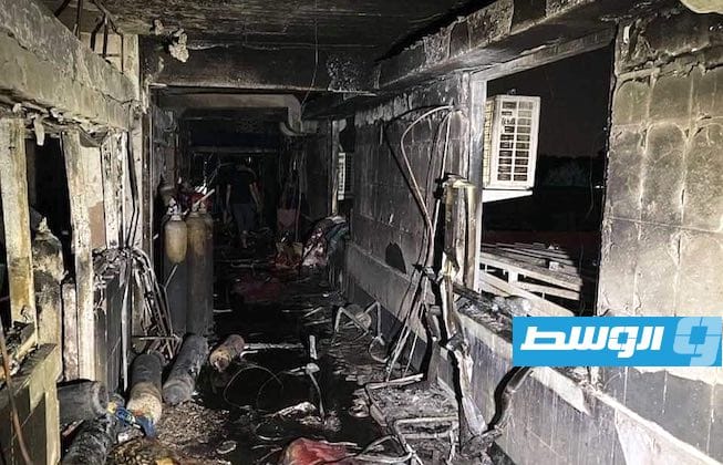 آثار حريق اندلع ليل السبت، 24 أبريل، في مستشفى مخصص لعلاج مرضى «كوفيد-19» ببغداد. (الإنترنت)