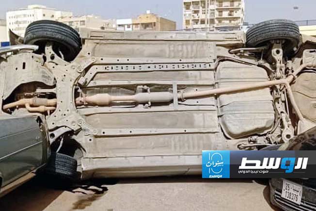 آثار حادث السير بالعاصمة طرابلس، 28 مارس 2024. (مديرية أمن طرابلس)