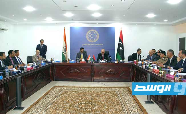 وزارة الخارجية بحكومة الوحدة الوطنية الموقتة تستضيف اجتماعًا ثنائيًا مع الجانب الهندي اليوم الثلاثاء في طرابلس، الثلاثاء 8 أغسطس 2023 (وزارة الداخلية)