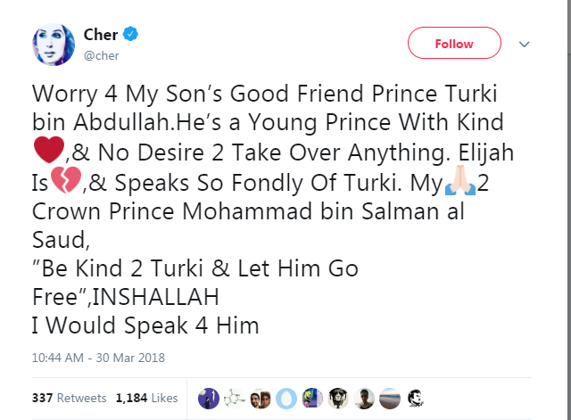 المغنية «شير» تطالب بإطلاق سراح أمير سعودي مسجون