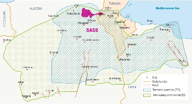خريطة توضح توزيع المياه المشتركة بين ليبيا والجزائر وتونس (وزارة الري الجزائرية)