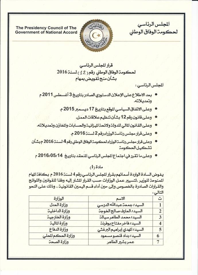 المجلس الرئاسي يفوض 18 شخصًا بمهام وزراء في حكومة الوفاق