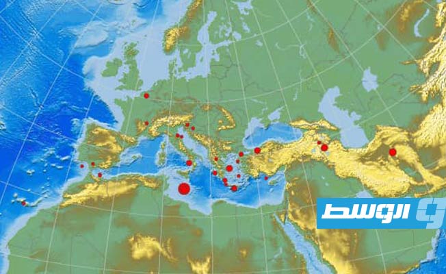 موقع النشاط الزلزالي في منطقة البحر المتوسط. (مركز رصد الزلازل الأوروبي المتوسطي)