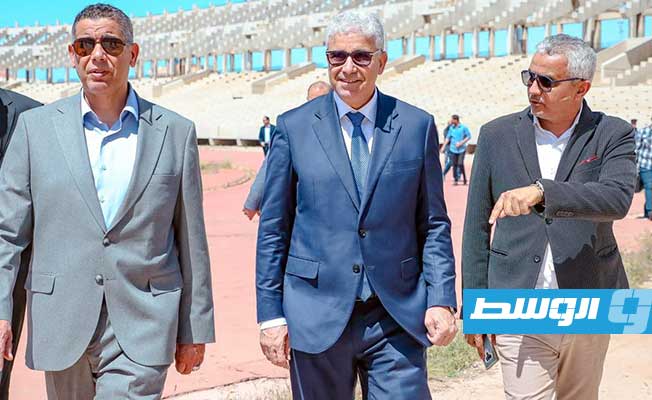 باشاغا ووفد من حكومته يزورون المدينة الرياضية في بنغازي، 25 أبريل 2022. (الحكومة المكلفة من مجلس النواب)