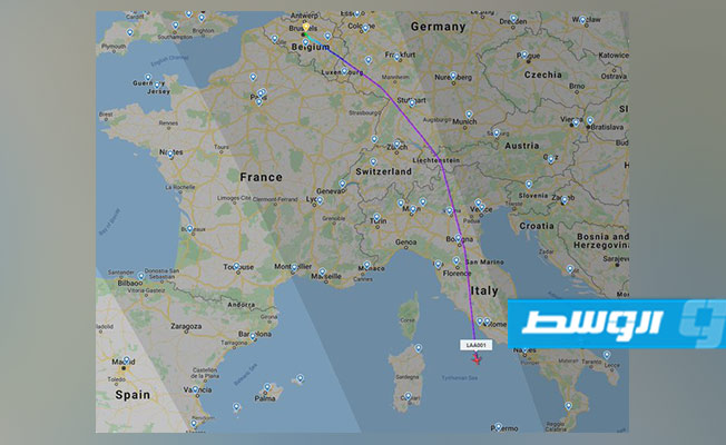 صورة نشرها موقع «الرادار الإيطالي» عبر حسابه على موقع «تويتر» قال إنها لمسار طائرة السراج العائدة إلى طرابلس.