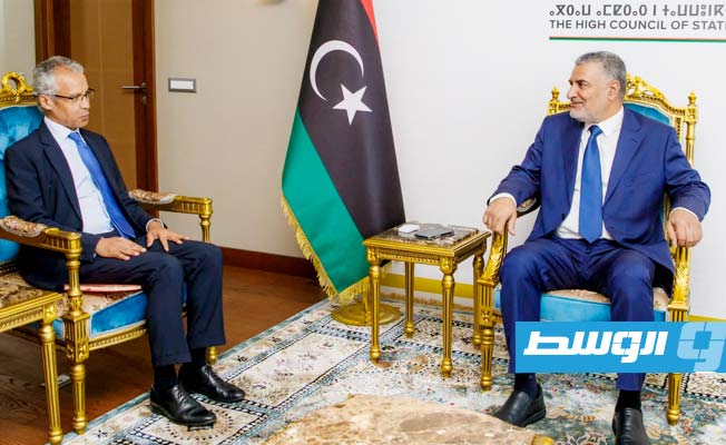 رئيس المجلس الأعلى للدولة محمد تكالة، مع السفير الفرنسي مصطفى مهراج. (حساب السفير على تويتر)