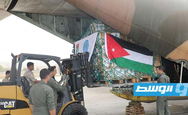 جانب من المساعدات الأردنية إلى شرق ليبيا، الأربعاء 13 سبتمبر 2023 (السفارة الليبية في عمان)