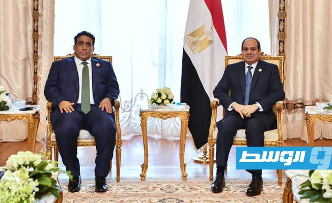 لقاء المنفي والسيسي بالعاصمة الإدارية الجديدة شرق القاهرة، الثلاثاء، 23 نوفمبر 2021. (المجلس الرئاسي)