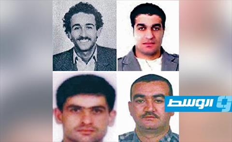 (من اليسار) المتهمون بقتل الحريري: مصطفى بدر الدين، أسد صبرا، حسين عنيسي، سليم عياش، 29 يوليو 2020، (أ ف ب)