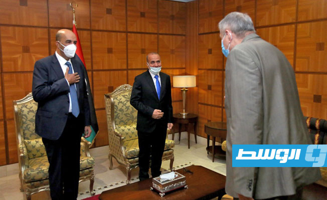 لقاء الكوني واللافي مع كوبيش في طرابلس، الأربعاء 28 أبريل 2021. (المجلس الرئاسي)