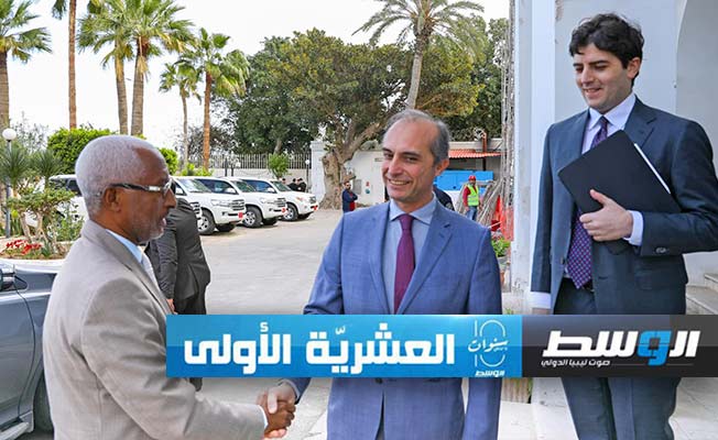 السفير الإيطالي لدى ليبيا مستقبلا عبيد بمقر السفارة في طرابلس، الأحد 18 فبراير 2024. (مجلس الدولة)