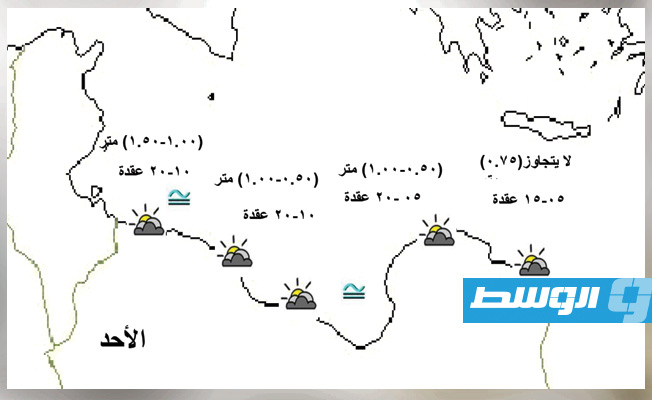 خريطة توضح توزيع الرياح ودرجة شدتها على السواحل الليبية، 28 مارس 2020 (المركز الوطني للأرصاد)