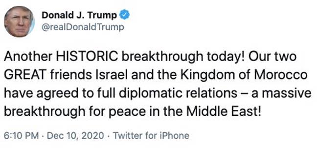 تغريدة لترامب يعلن فيها التوصل إلى اتفاق تطبيع للعلاقات الدبلوماسية بين المغرب وإسرائيل (تويتر).