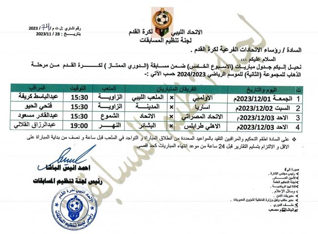 مباريات الأسبوع الخامس من مسابقة الدوري الليبي للمجموعة الثانية. (صفحة لجنة تنظيم المسابقات عبر فيسبوك)