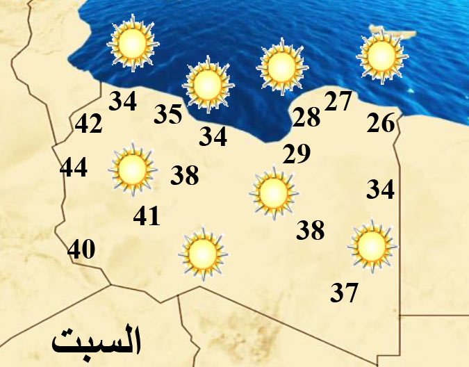 خريطة بتوزيع درجات الحرارة على المناطق الليبية ليوم السبت 19 يونيو 2021 (المركز الوطني للأرصاد الجوية)