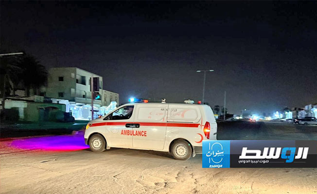 سيارة تابعة لجهاز الإسعاف والطوارئ لتأمين إعادة المواطنين من الزاوية الغرب إلى طرابلس، السبت 2 مارس 2024 (صفحة الجهاز على فيسبوك)
