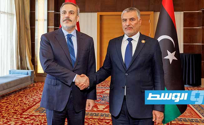 لقاء تكالة مع وزير الخارجية التركي هاكان فيدان في طرابلس، الأربعاء 7 فبراير 2024. (المجلس الأعلى للدولة)