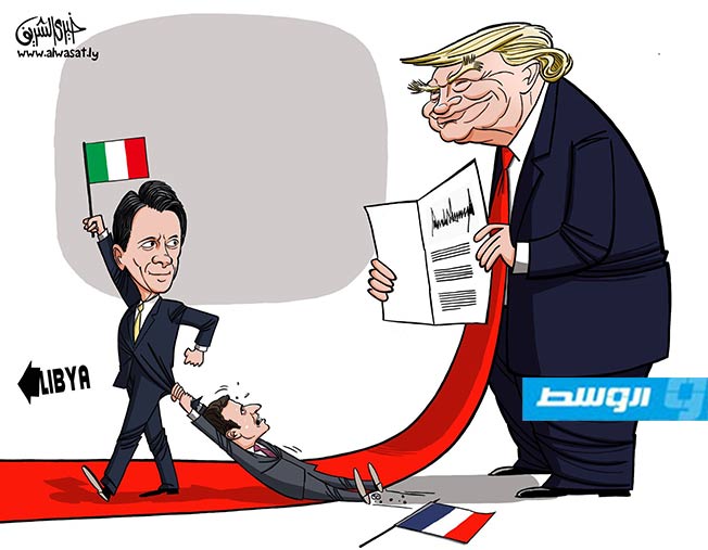كاركاتير خيري - ترامب والصراع الإيطالي - الفرنسي في ليبيا