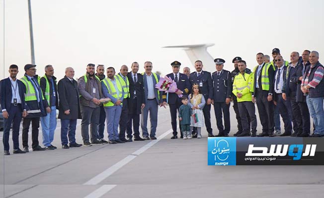 من مراسم استقبال أولى رحلات «مصر للطيران» بمطار مصراتة، 29 فبراير 2024. (مطار مصراتة)