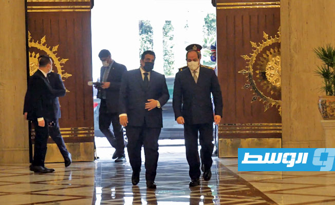 من استقبال السيسي للمنفي في قصر الاتحادية بالقاهرة، 25 مارس 2021. (المكتب الإعلامي لرئيس المجلس الرئاسي)