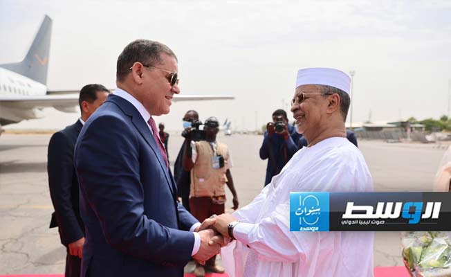 عبدالحميد الدبيبة لدى وصوله العاصمة التشادية أنجامينا، 23 مايو 2024. (حكومتنا)