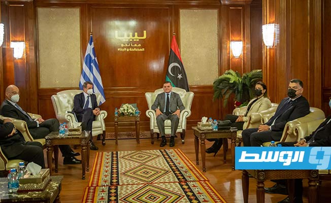 لقاء الدبيبة ورئيس الوزراء اليوناني في طرابلس الثلاثاء 6 أبريل 2021. (حكومة الوحدة الوطنية)