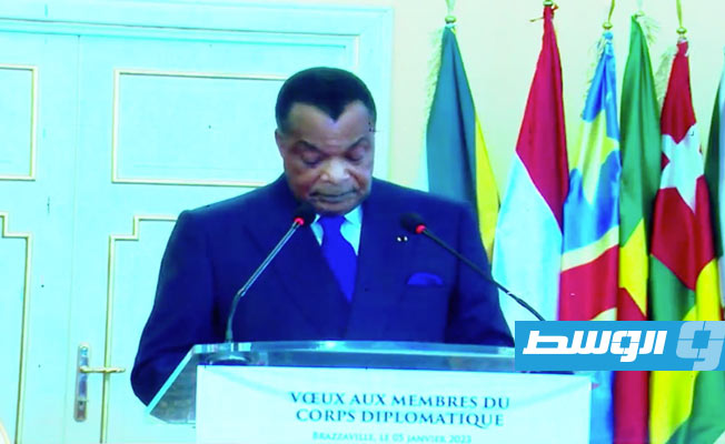 رئيس الكونغو برازافيل متحدثا في فعاليات الملتقى التحضيري للمصالحة الوطنية في طرابلس، الأحد 8 يناير 2023. (بث مباشر)