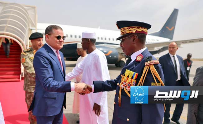 عبدالحميد الدبيبة لدى وصوله العاصمة التشادية أنجامينا، 23 مايو 2024. (حكومتنا)
