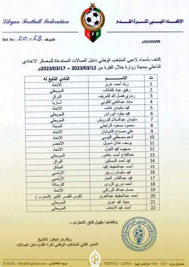منشور الاتحاد الليبي بشأن أسماء لاعبي المنتخب الأول لكرة القدم داخل الصالات، 9 مارس 2023. (صفحة الاتحاد بفيسبوك)