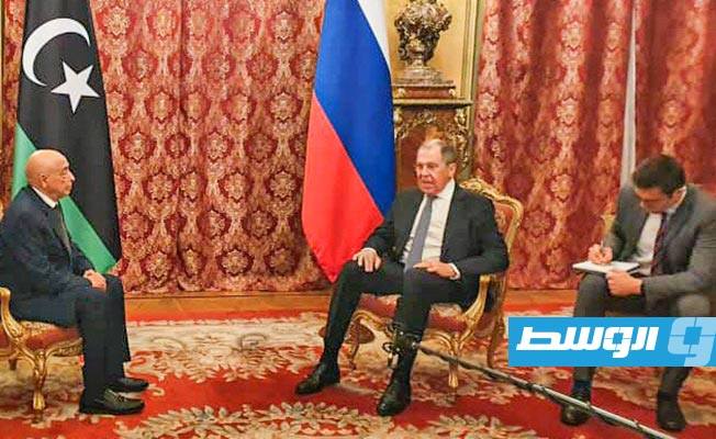 لقاء المستشار عقيلة صالح ووزير الخارجية الروسي، سيرغي لافروف في موسكو. الثلاثاء 24 نوفمبر 2020. (مجلس النواب)
