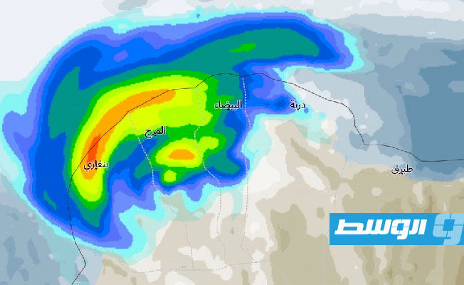 تتوقع نماذج رادار البث الفضائي هطول أمطار غزيرة في بنغازي وجوارها ظهر الأحد بنحو 20 إلى 25 ملليمتر، 10 سبتمبر 2023. (رادار البث الفضائي)
