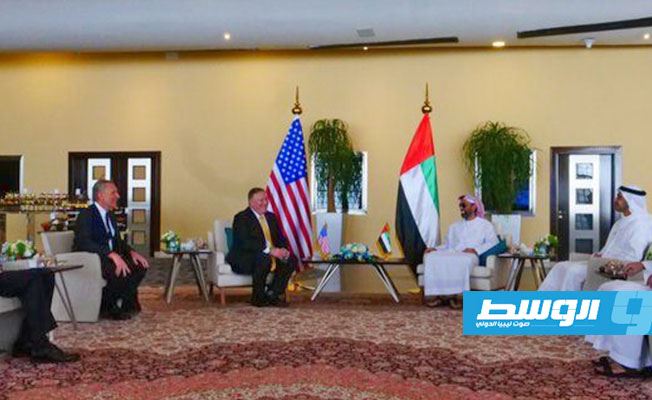 لقاء بومبيو ومستشار الأمن الوطني الشيخ طحنون بن زايد في أبوظبي. الأربعاء 26 أغسطس 2020. (حساب بومبيو على تويتر)