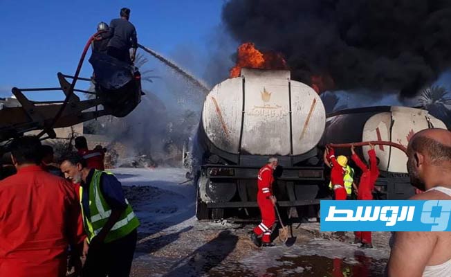 حريق منطلع في صهاريج لنقل الوقود في منطقة صياد، 29 أكتوبر 2021. (هيئة السلامة الوطنية)