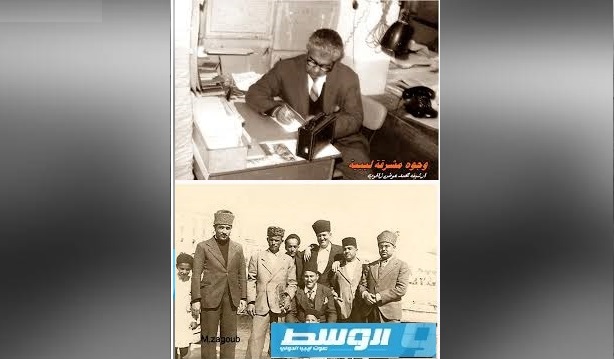 العلوية في مكتبه والسفلية مع رفاقه من بينهم الشاعر الكبير عبدالرحمن بونخيله
