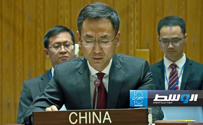 مندوب الصين يتحدث خلال جلسة لمجلس الأمن بشأن ليبيا، 31 مايو 2024. (صورة مثبتة من فيديو: مجلس الأمن)