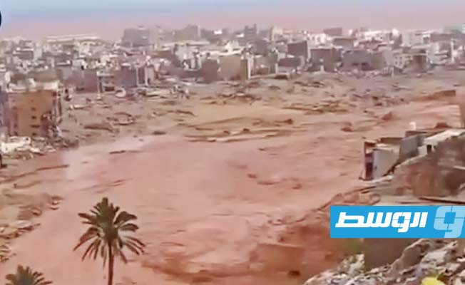 آثار الدمار الذي لحق بمدينة درنة إثر تأثرها بالعاصفة «دانيال»، 11 سبتمبر 2023. (لقطة مثبتة من تسجيل مصور)