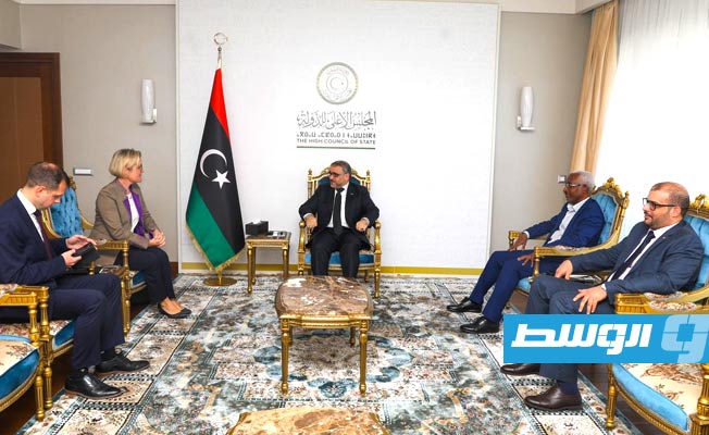 لقاء المشري والسفيرة البريطانية لدى ليبيا كارولين هوريندال، الثلاثاء 15 مارس 2022. (المجلس العلى للدولة)
